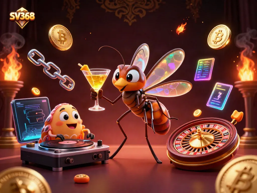 Experience the excitement of SV368's dynamic casino scene with a unique frozen-in-amber mascot.