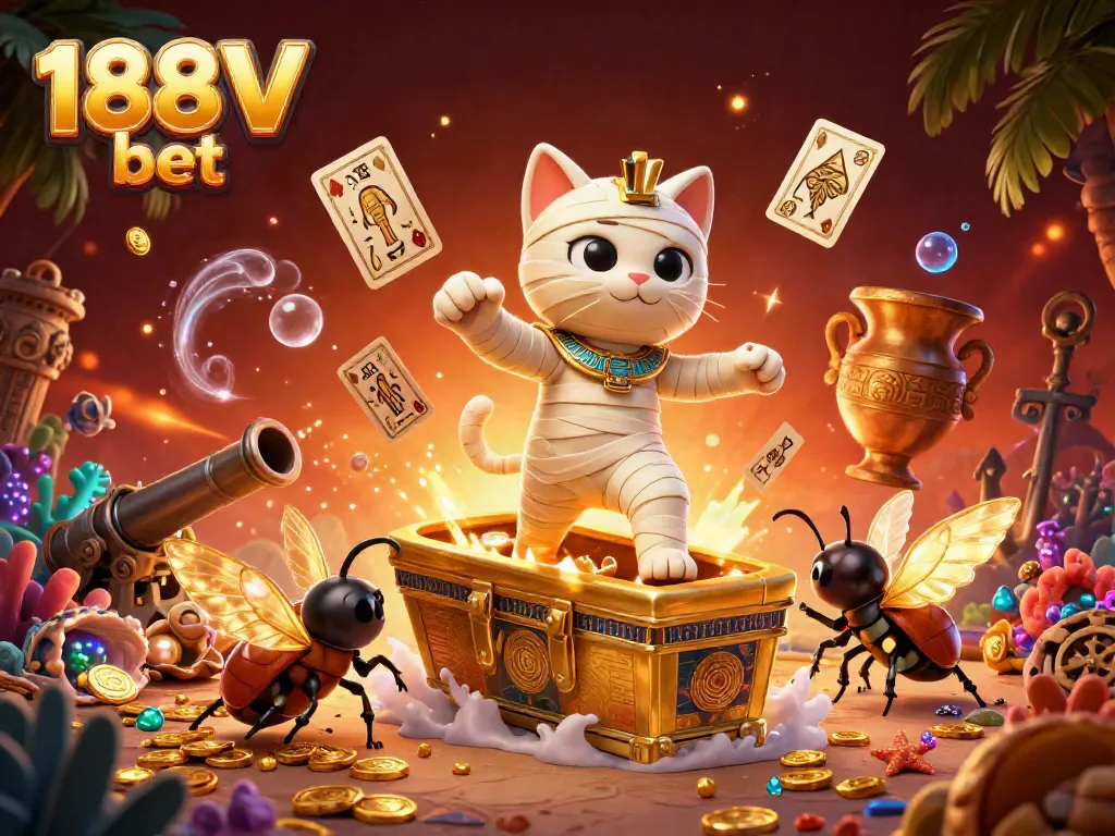 Engage in thrilling gameplay at 188V bet as a cartoon mummy cat emerges from a golden sarcophagus.