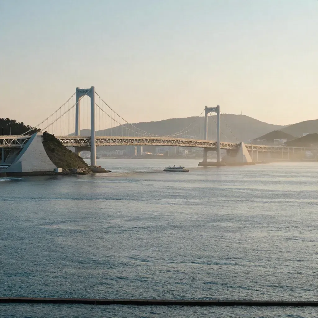 부산 해안과 광안대교, 안개 낀 바다와 언덕이 보이는 배경