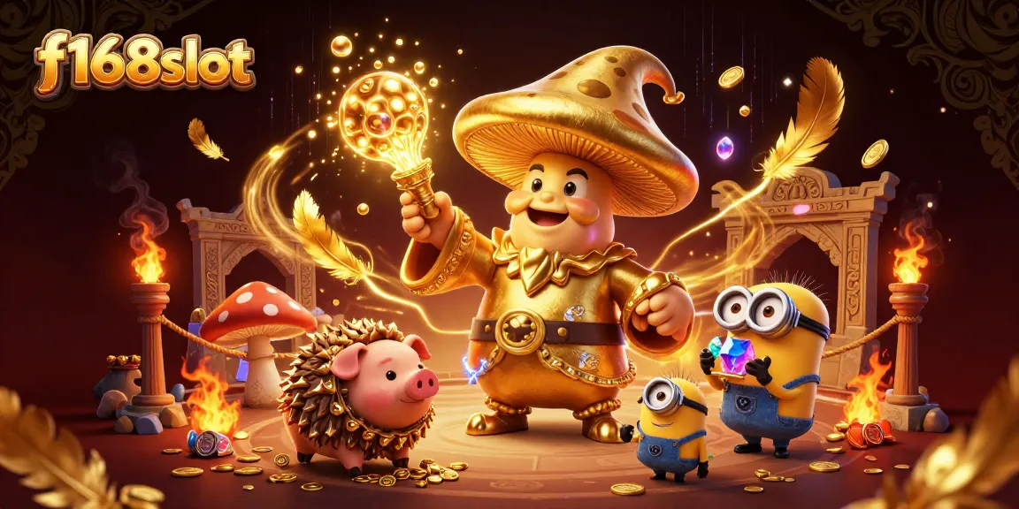 Engage with f168slot magic as a golden mushroom wizard brings treasures to life amidst casino excitement.