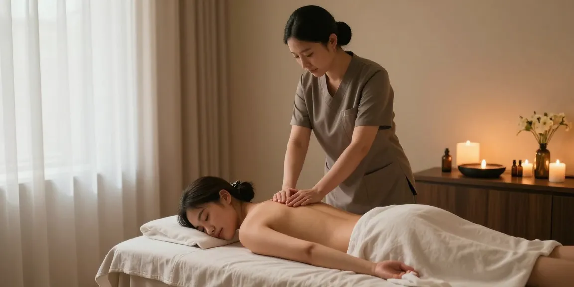 마사지 받는 모습과 아로마 향기로운 스파 환경