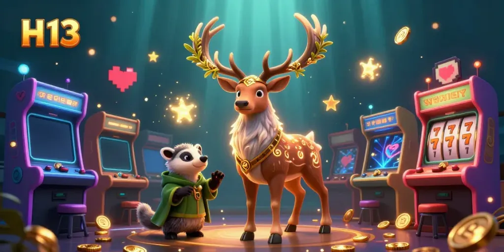 Engage with H 13's vibrant casino scene featuring a magical druid stag and retro arcade elements.