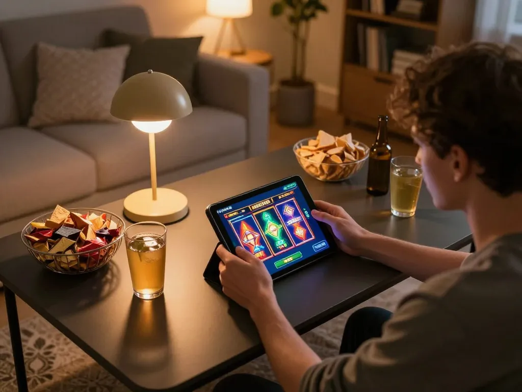 Player engages in vibrant online gaming at xx88, enjoying a social environment with snacks.