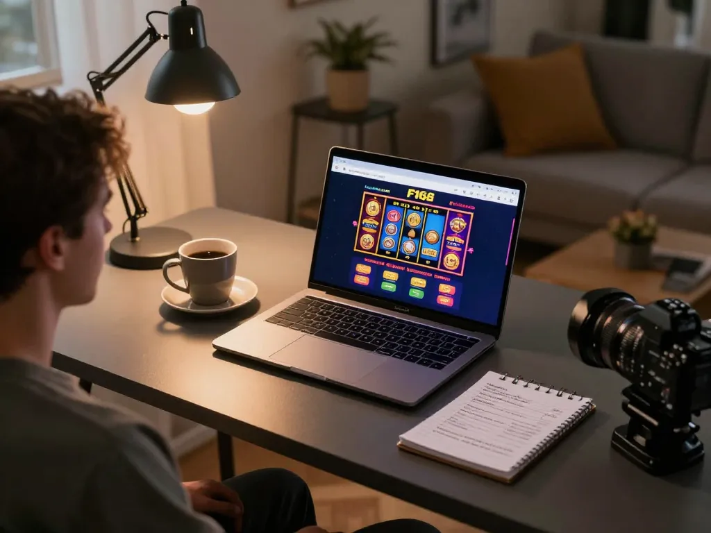 Player enjoying F168 online slots on a stylish home desk with notes on bankroll management