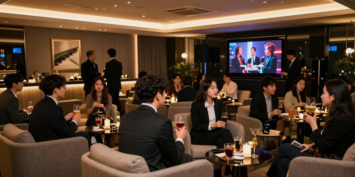 강남구구단의 고급스러운 분위기에서 멋진 인물들이 음료를 즐기며 엔터테인먼트를 감상하는 모습.
