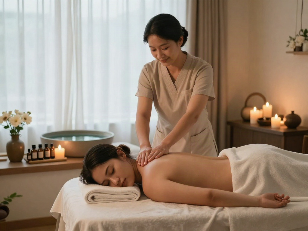 Relaxing 화성출장안마 spa scene with a therapist providing a soothing massage in a tranquil environment.