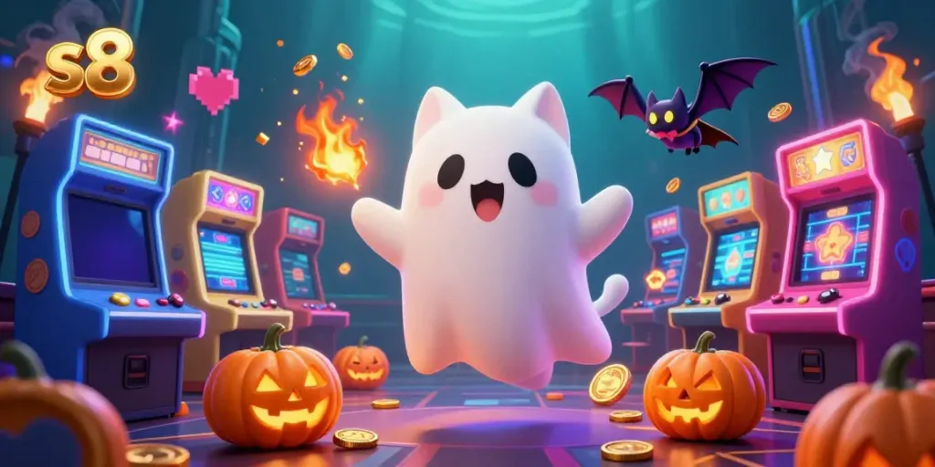 S8 platform showcasing a vibrant casino world with a friendly ghost cat and vampire bat among glowing game elements.
