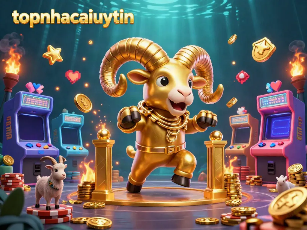 Experience the thrill of winning at topnhacaiuytin with a dynamic golden ram charging through a colorful casino gaming realm.