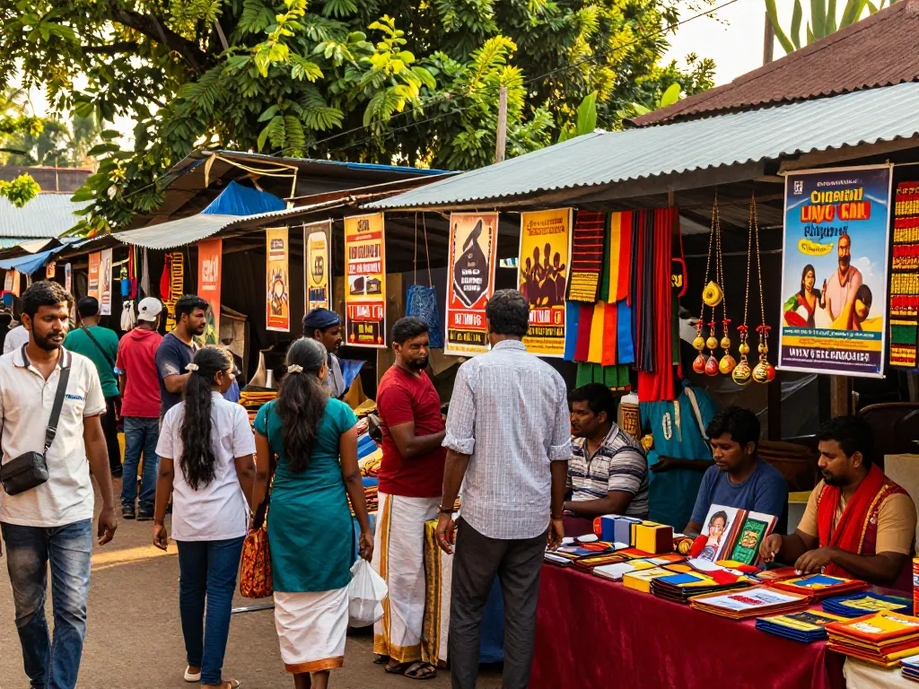 Engaging outdoor scene showcasing Sri Lanka Ads with vibrant market vendors and shoppers