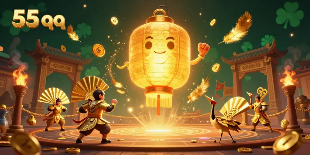 Experience the vibrant excitement of 55 qq with stunning visuals of golden lantern spirits and casino elements.