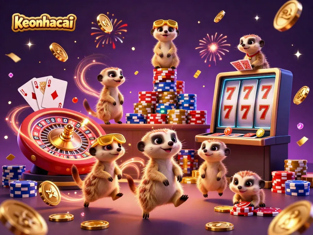 Experience the excitement of keonhacai as meerkats run a lively casino operation amidst dazzling lights and games.