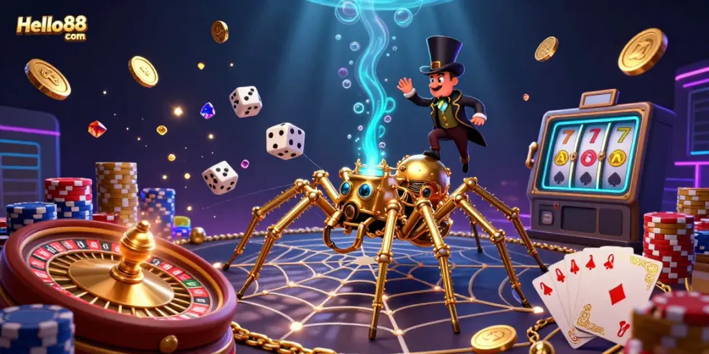 Experience thrilling gameplay at Hello88 com with an ultra-detailed 3D scene of gaming excitement, showcasing a golden spider and dazzling casino elements.