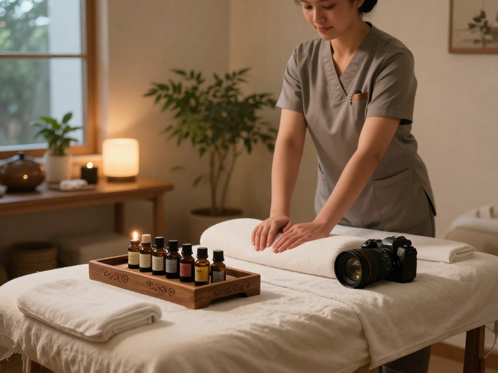 Relaxation space for 용산출장안마 with massage therapist and calming atmosphere.