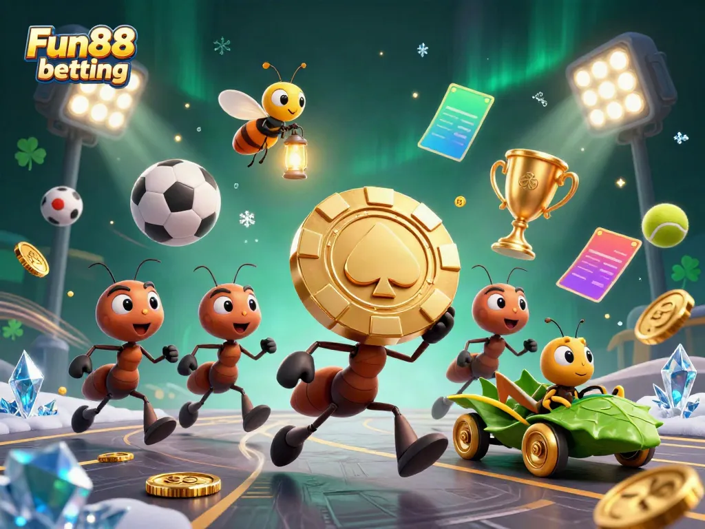 Experience Fun88 betting with a lively scene of cartoon ants orchestrating a heist involving a gigantic poker chip.