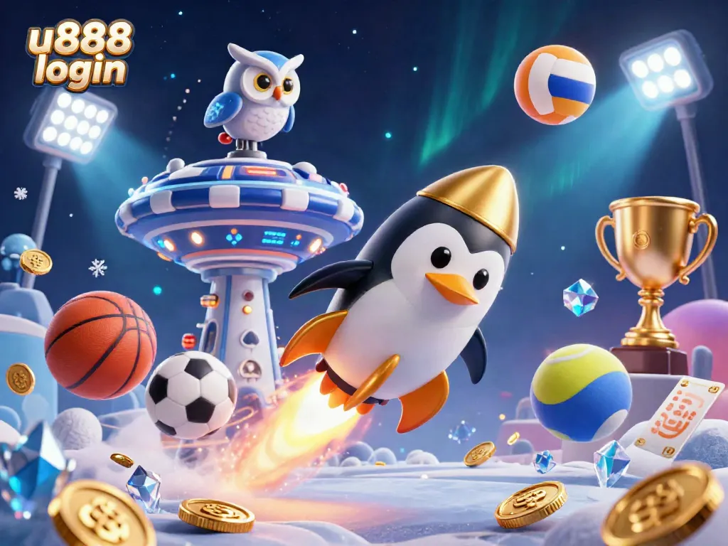 Experience the excitement of u888 login with a vibrant illustration of a golden penguin racing towards a casino!