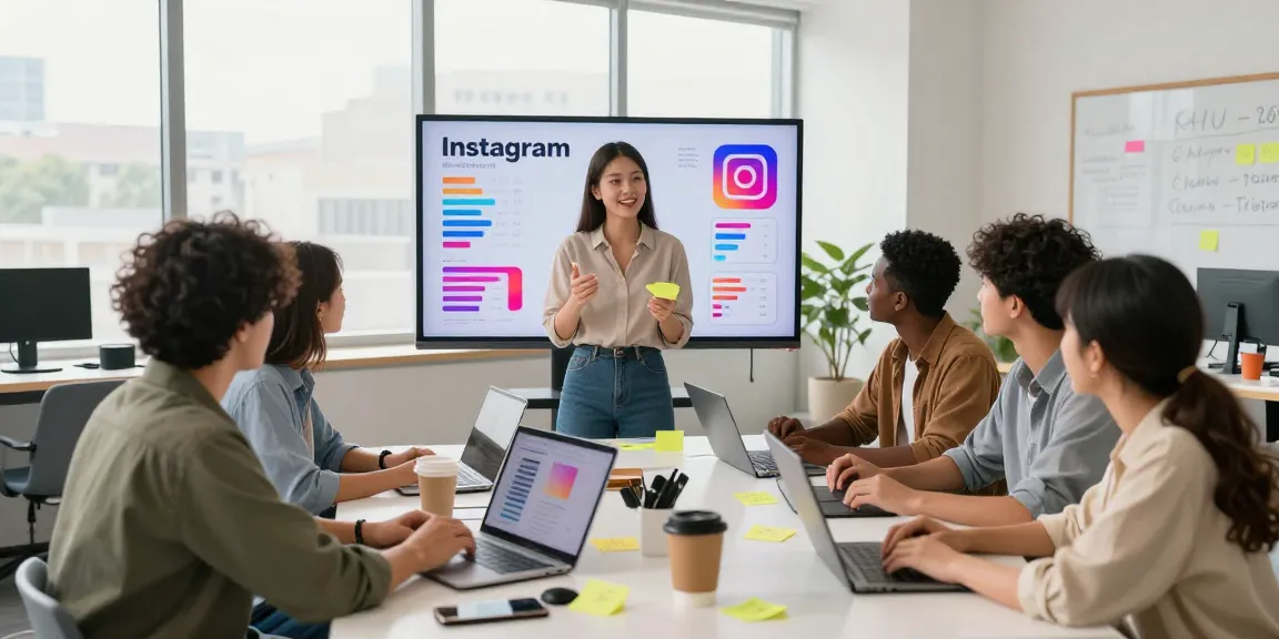 現代的なワークスペースにおけるインスタグラムフォロワー購入戦略に関するチームディスカッションの様子。活気あるマーケティングダイナミクスと分析を強調。