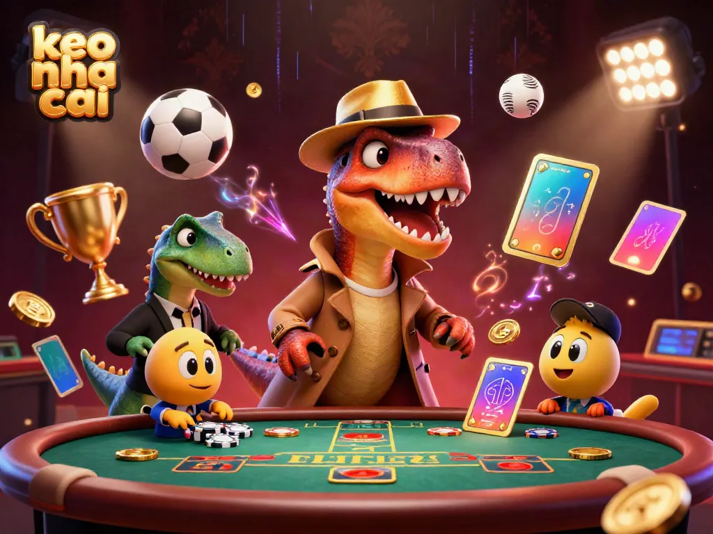 Experience thrilling action with keo nha cai as a velociraptor counter and friends at a lively gambling table.