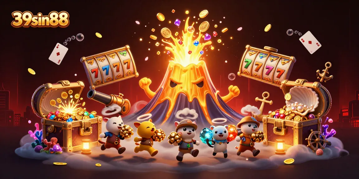 Experience thrilling 39sin88 win scenes with vibrant volcano and treasure elements.