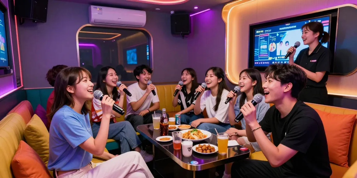 강남 달토에서 즐겁게 노래하고 있는 친구들의 모습, 화려한 조명과 현대적인 인테리어가 강조됨