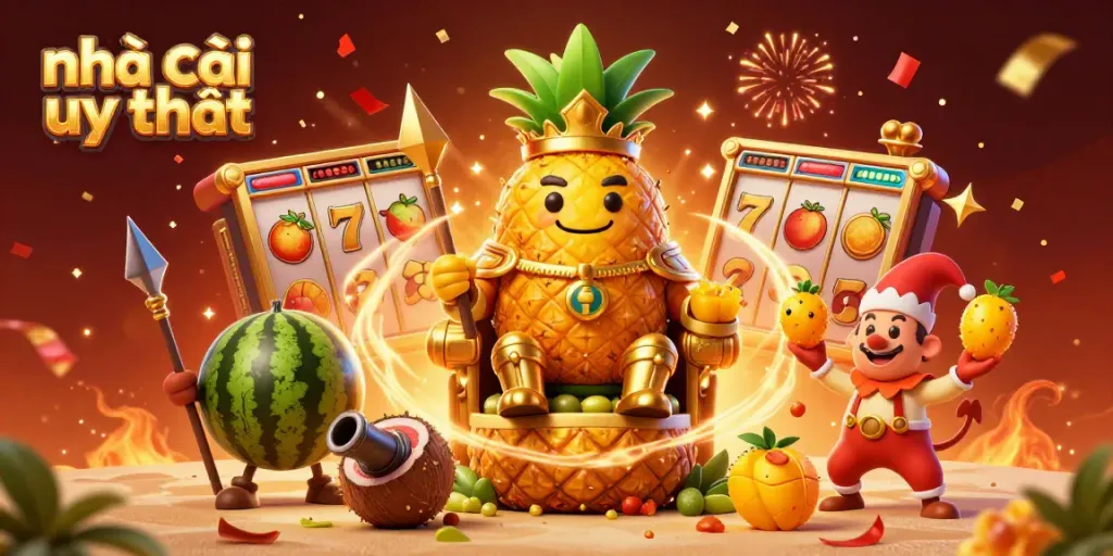 Experience the vibrant scene of nhà cái uy tín with a golden pineapple king and casino elements.