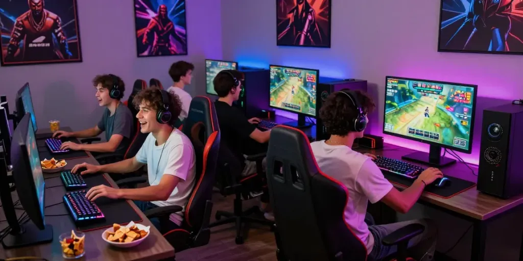Nhóm bạn đang chơi game f168 trong không gian hiện đại, đầy màu sắc và năng động.