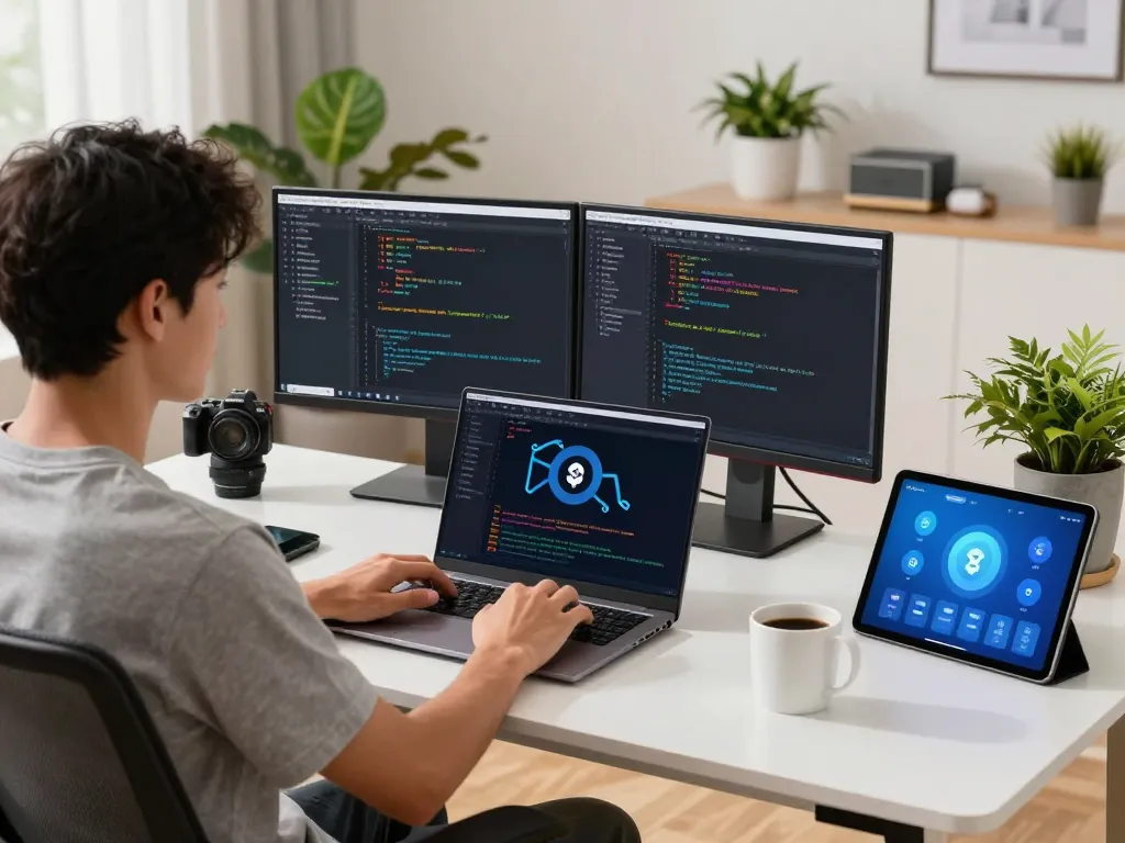 Tech-savvy individual using smart tech gadgets in a modern home office setting, enhancing productivity.