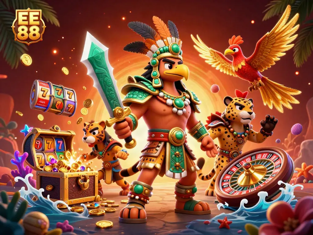 Experience the excitement of EE 88 slots with vibrant characters and dynamic game elements in a rich, detailed scene.