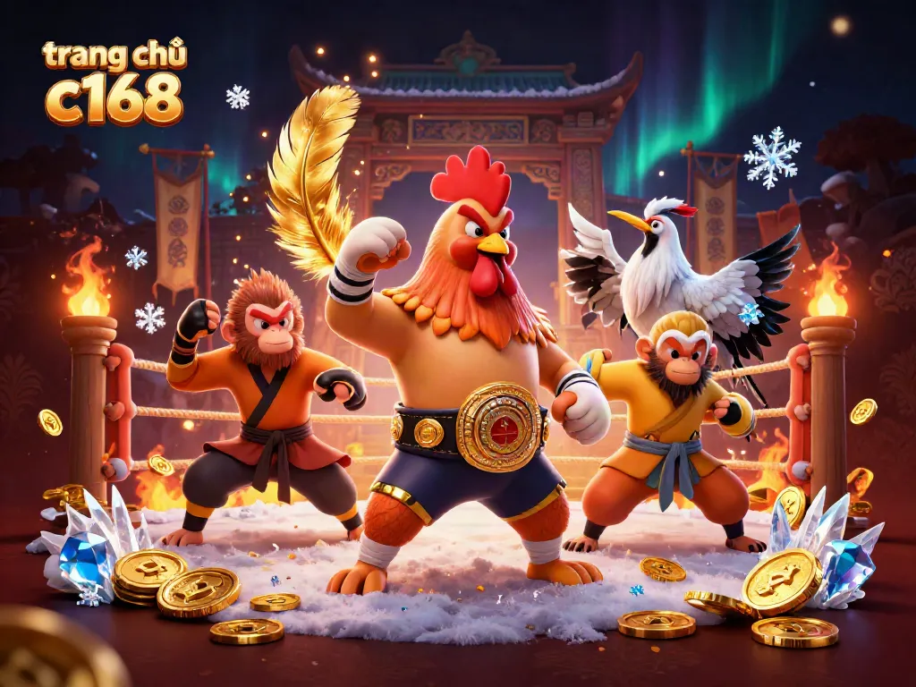 Experience the vibrant atmosphere of trang chủ c168 with a fierce Muay Thai rooster, Shaolin monkey, and wise crane in a casino-themed scene.