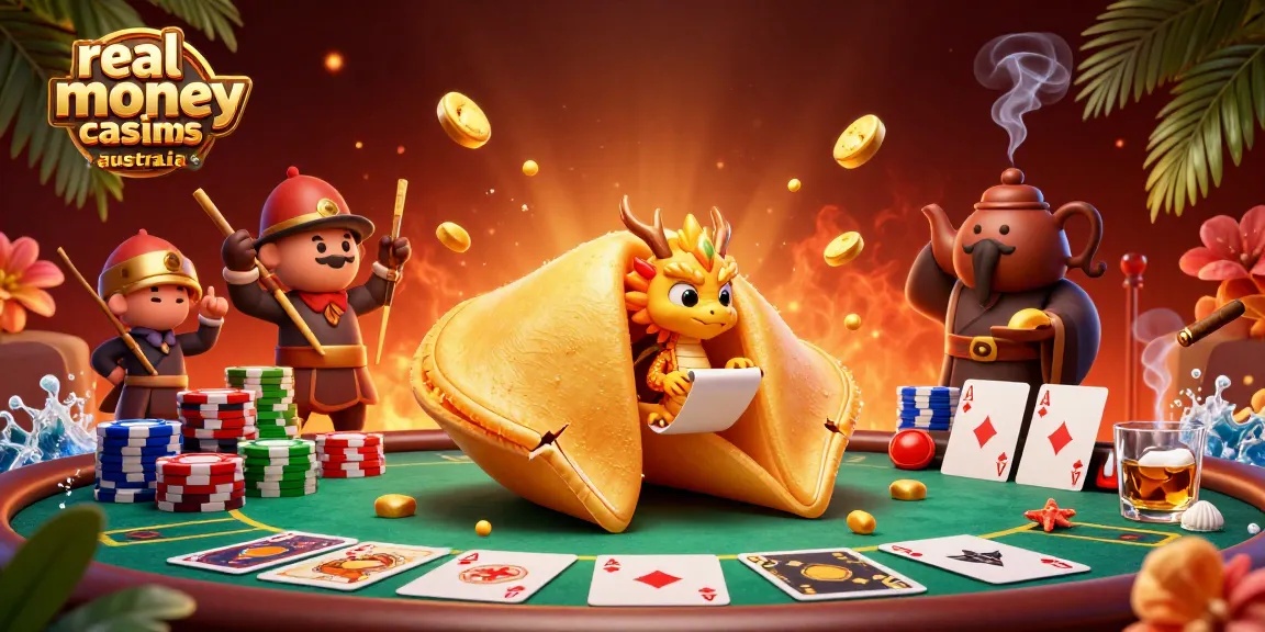 Engage with real money casinos Australia through this vibrant poker scene featuring a wise dragon and guarding chopstick warriors.