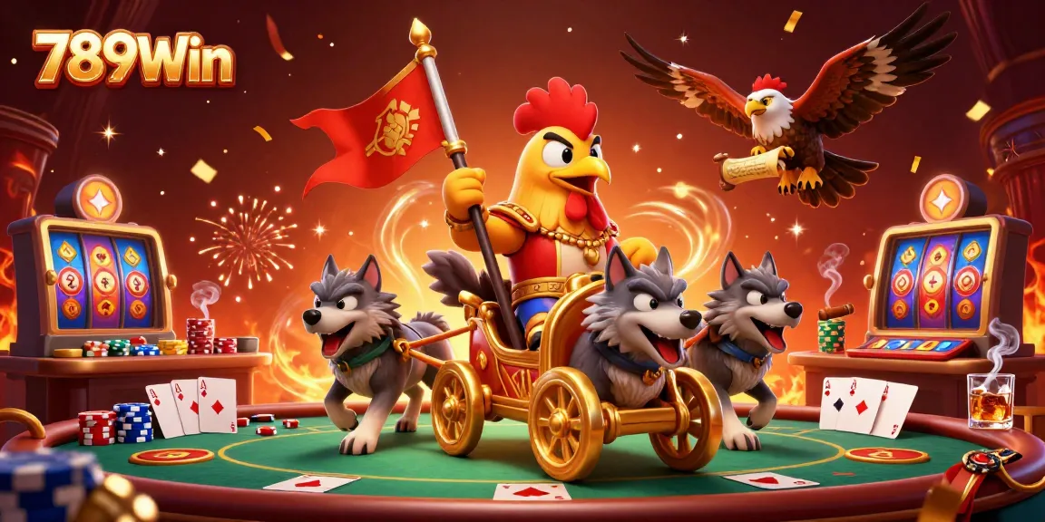 Immerse in the vibrant 789Win casino scene featuring a dynamic 3D rooster warlord and gaming elements.