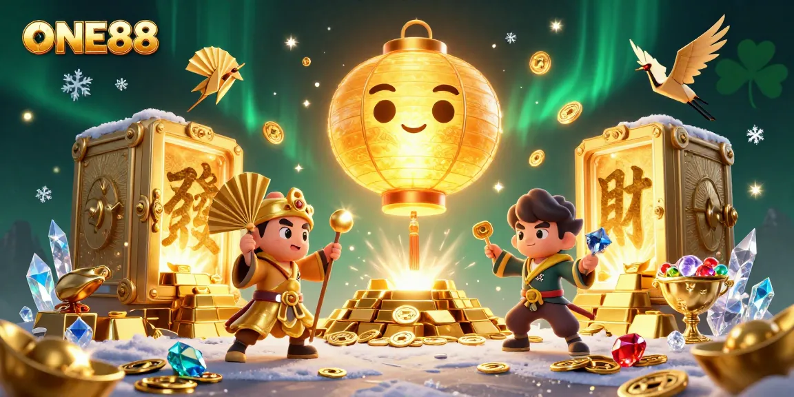 Engage with the vibrant scene of ONE88, showcasing casino excitement with glowing lanterns and treasure.