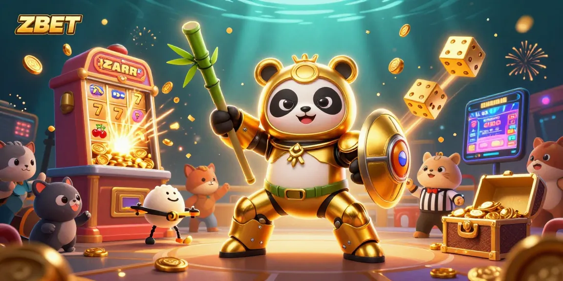ZBET players enjoying vibrant slot games with a golden panda robot and jackpot excitement
