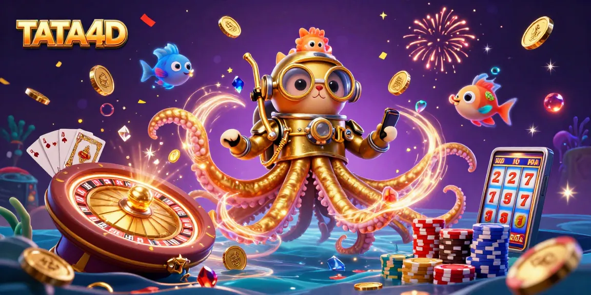 TATA4D casino adventure scene depicting a colossal kraken and diving cat with dynamic gambling elements