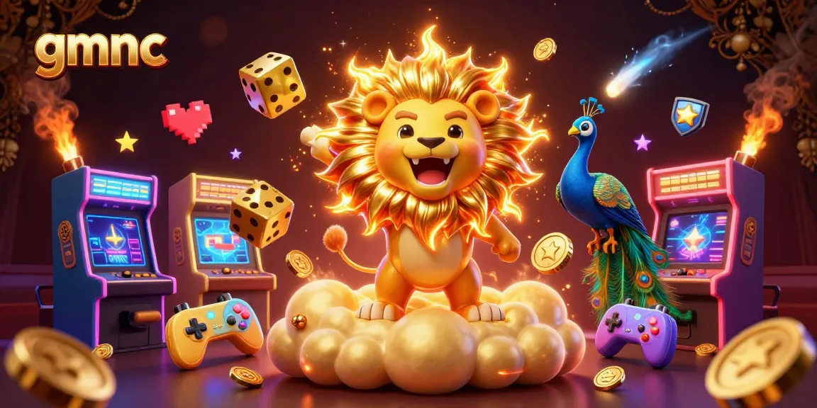 gmnc showcases a vibrant casino scene with a roaring lion and golden dice, emphasizing gaming excitement.