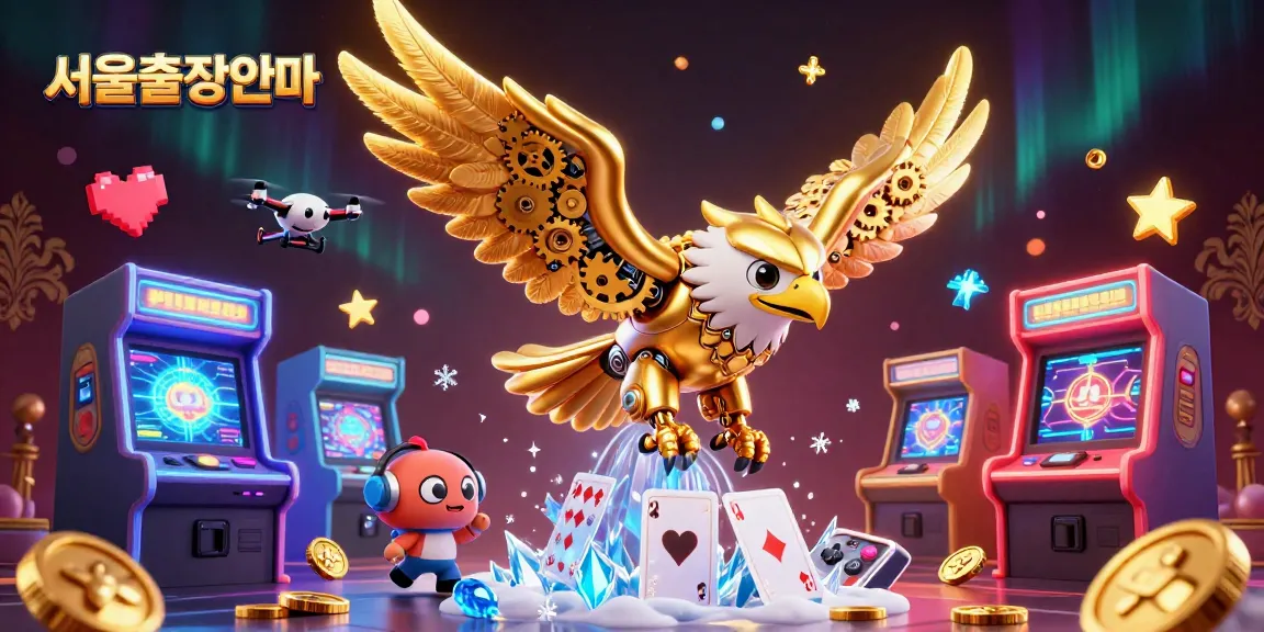 Experience 서울출장안마 with a cybernetic eagle soaring amidst holographic playing cards and vibrant casino elements.
