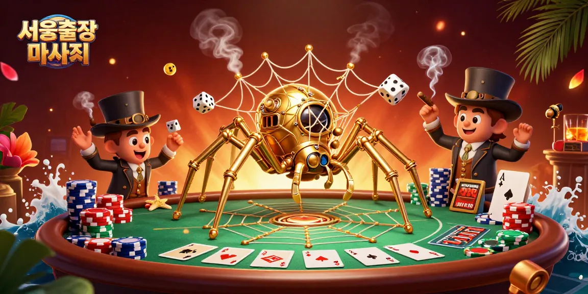 Experience 서울출장마사지 with a dynamic scene of a steampunk spider creating a web adorned with poker chips.
