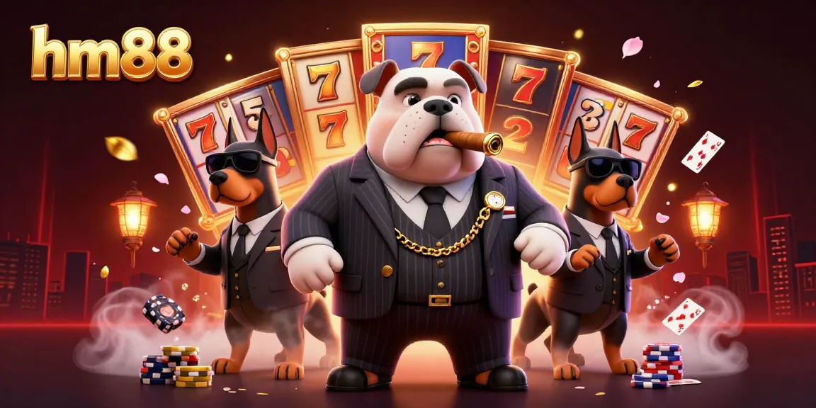 Participate in exciting games at hm88 with a lively scene showcasing a bulldog mafia boss surrounded by jackpot elements.
