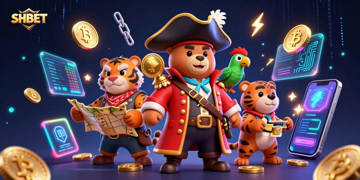 Engage in thrilling gameplay at SHBET's immersive casino with vibrant 3D characters and crypto icons.