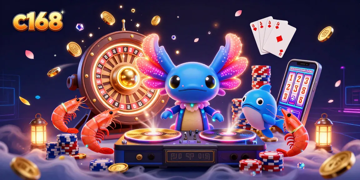 Experience the excitement of c168 with a vibrant casino-themed 3D illustration showcasing dynamic gaming elements.