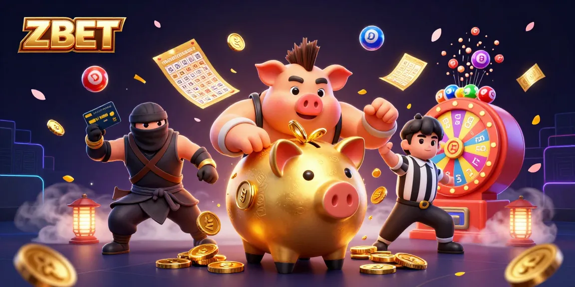 ZBET's thrilling gaming scene with a golden sumo wrestler, ninja, and samurai amidst colorful lottery elements.