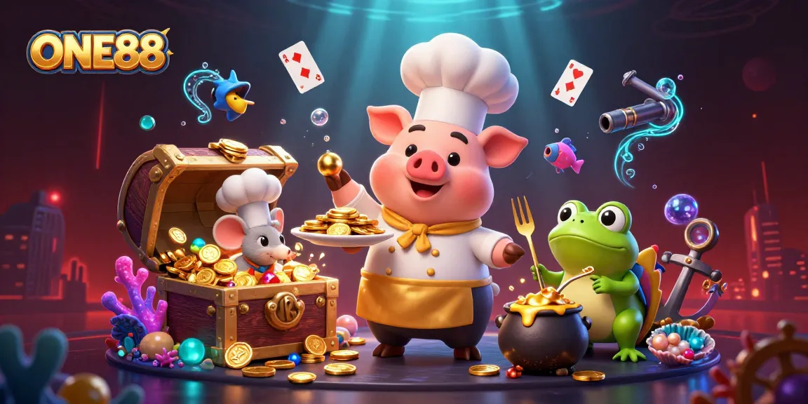 ONE88 celebrates with a chef pig serving gold coins in a vibrant casino-themed underwater scene.
