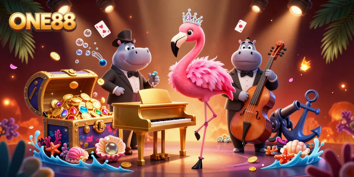 Engage with ONE88 through a vibrant illustration of casino life with lively characters and gems.