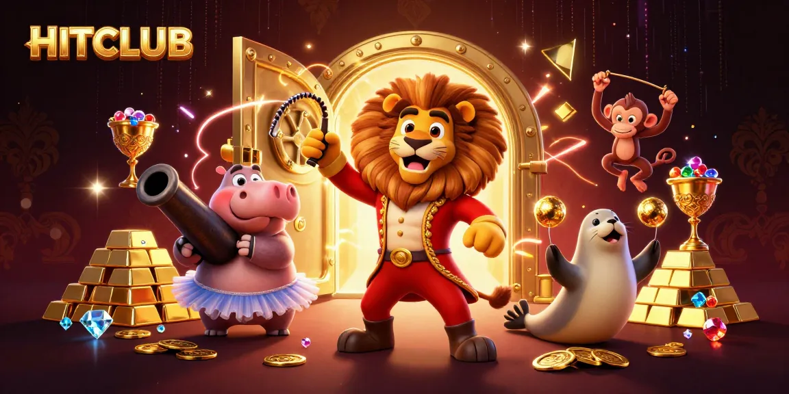 HITCLUB showcases a vibrant 3D circus scene of games and treasures in a dynamic casino environment.