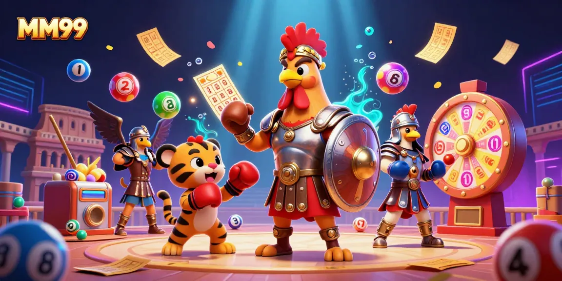 Spin the excitement at MM99 with colorful lottery elements and a gladiator rooster.