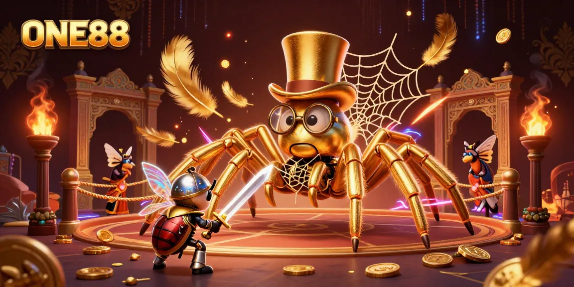 Engage in thrilling action with ONE88 in a vibrant casino scene featuring playful characters.