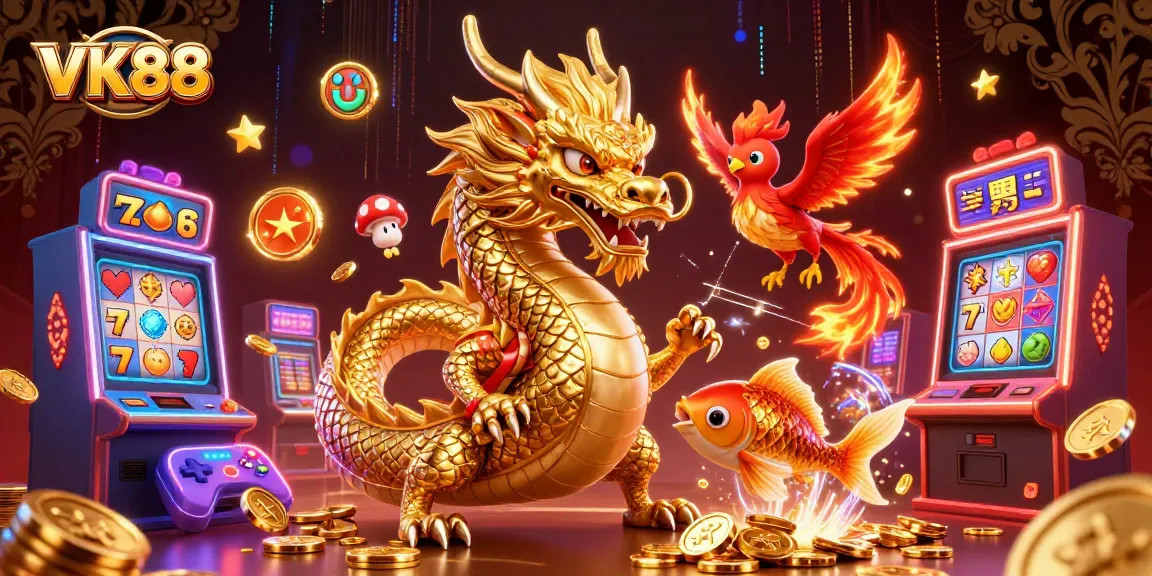 Play thrilling slots at VK88 with a fierce dragon and lucky phoenix in the heart of action.