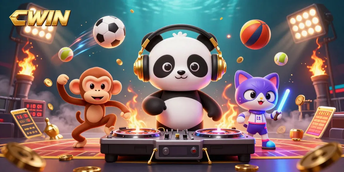 CWIN offers vibrant 3D cartoon action with characters celebrating big wins in casino reviews.