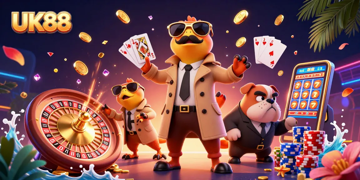 Win big at UK88 with playful raptors in a trench coat attempting casino entry, surrounded by casino glitz.