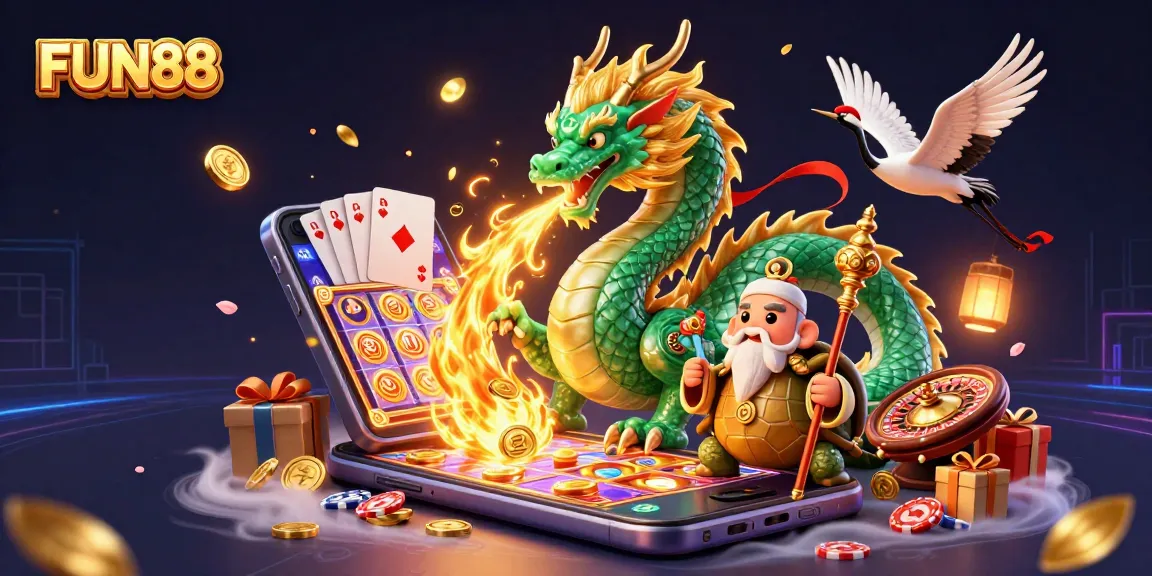 Engage with FUN88's thrilling casino experience featuring a jade dragon and vibrant gaming elements.