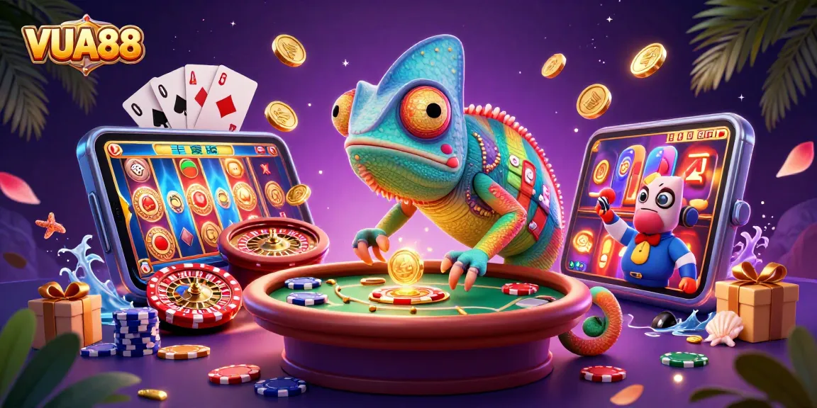 VUA88 chameleon owner playfully watches games at a vibrant casino scene.